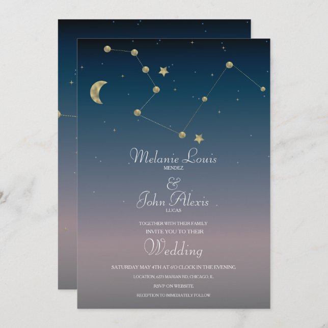 Convite Convocação de Casamento de Folha de Moon Gold Foil (Frente/Verso)
