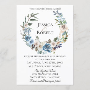 Convite Convocação de Casamento de Wreath Floral Azul Dust
