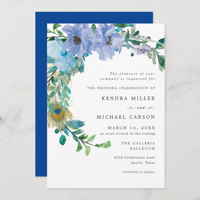 Convite Convocação de Casamento Floral Azul de Sapphire (Frente/Verso)