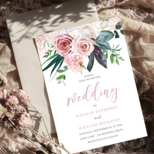 Convite Convocação de Casamento Floral Rosa-Rosa-Blush Ros