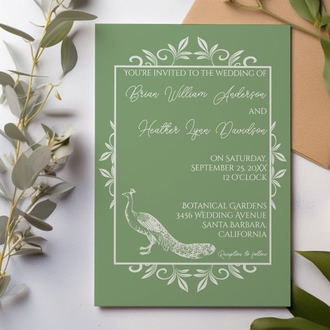 Convite Convocação de Casamento Florestal de Moss Green (Moss Green Peacock Flourish Wedding Invitation)