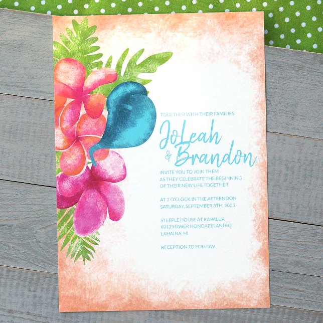 Convite Convocação de Casamento Tropical Azul de Coral Pin (pink coral turquoise tropical flower wedding invitations)