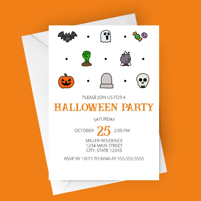 Convite Convocação de Festa de Halloween para Ícones de Li (Halloween icons Halloween Party Invitation | Bat, Ghost, Candy, Zombie, Cauldron, Tombstone, Skull)
