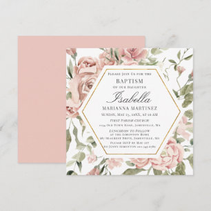 Convite Convocação Dourada Floral Dusty Pink Baptism