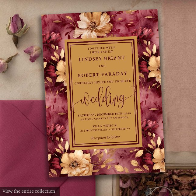 Convite Convocação Dourada para Casamento Floral do Chic L (Chic Luxury Merlot Gold Floral Wedding Invitation)