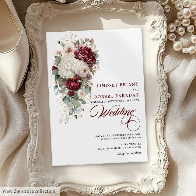Convite Convocação Floral Branca de Chic Boho Burgundy (Chic Boho Burgundy White Floral Wedding Invitation)