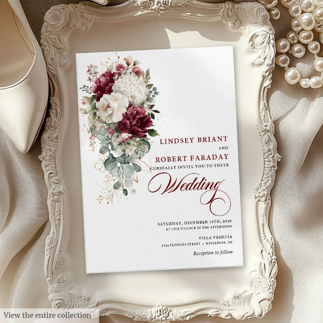 Convite Convocação Floral Branca de Chic Boho Burgundy (Chic Boho Burgundy White Floral Wedding Invitation)