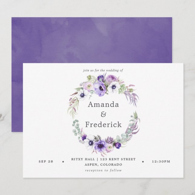 Convite Convocação Floral de Casamento Violeta Dusty (Frente/Verso)