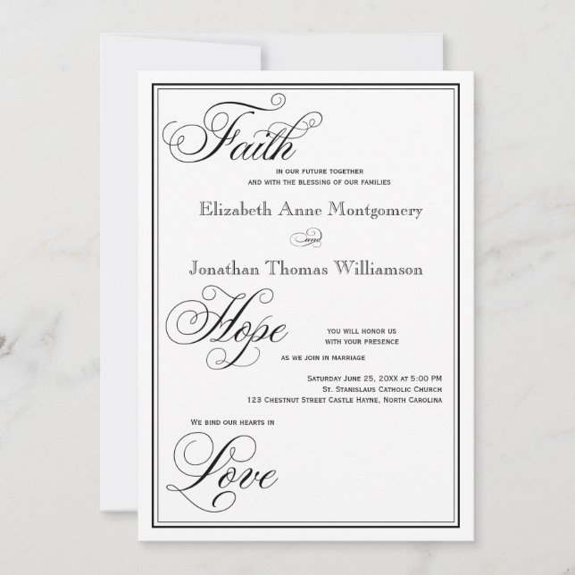 Convite Convocação Formal Faith Hope Para O Casamento (Frente)