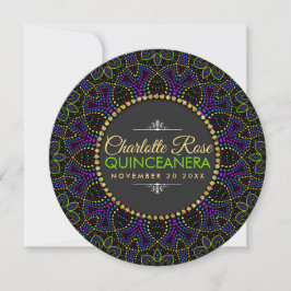 Convite Convocação Neon Mandala Groovy Quinceañera Round