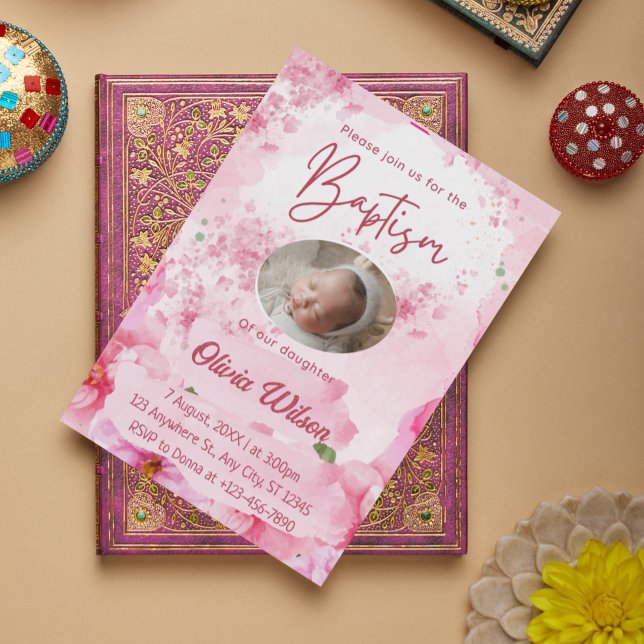 Convite Convocação para Bebê para Batismo Floral Rosa Eleg (Elegant Pink Floral Baptism Invitation for Baby Girl (1st Birthday))