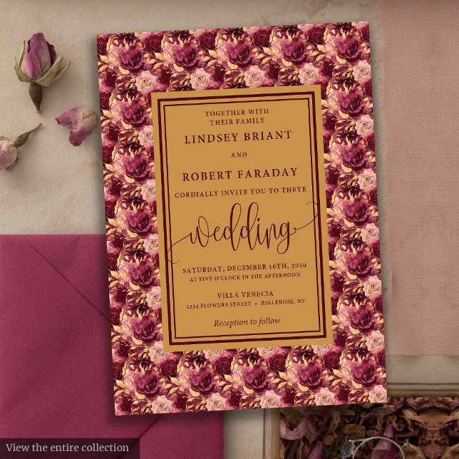 Convite Convocação para Casamento das Flores Douradas do L (Modern Lux Maroon Gold Flowers Wedding Invitation)