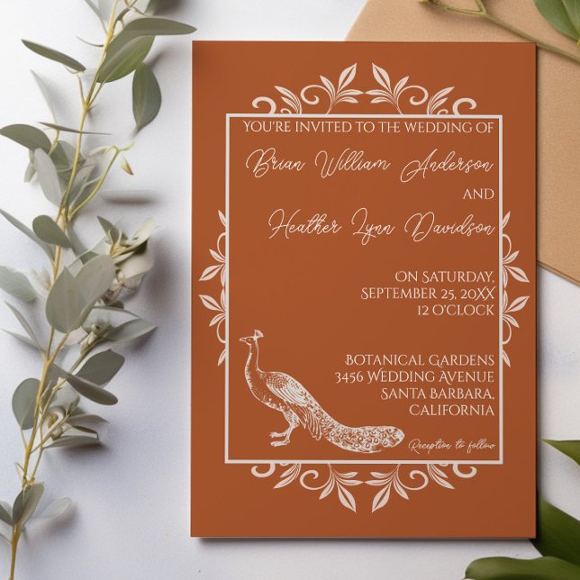 Convite Convocação para Casamento de Fardo de Peacock (Burnt Orange Peacock Flourish Wedding Invitation)