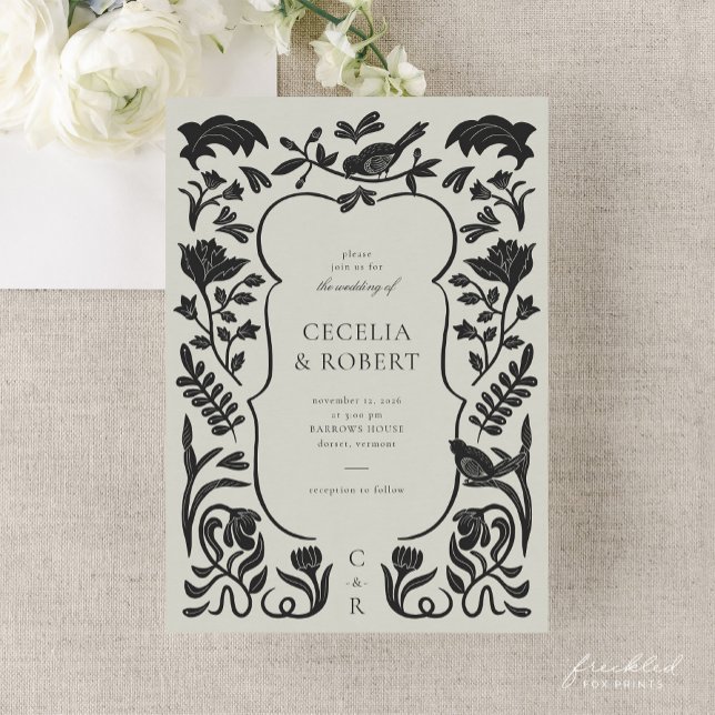 Convite Convocação para Casamento de Férias e Arte Floral  (Floral Art Deco Black and Ivory Wedding Invitation)