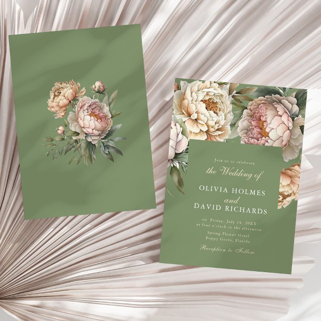 Convite Convocação para Casamento de Penas Rosa e Verde-Es (Sage Green and Blush Pink Peony Wedding Invitation (front & back) on a sunny neutral dry palm leaf )