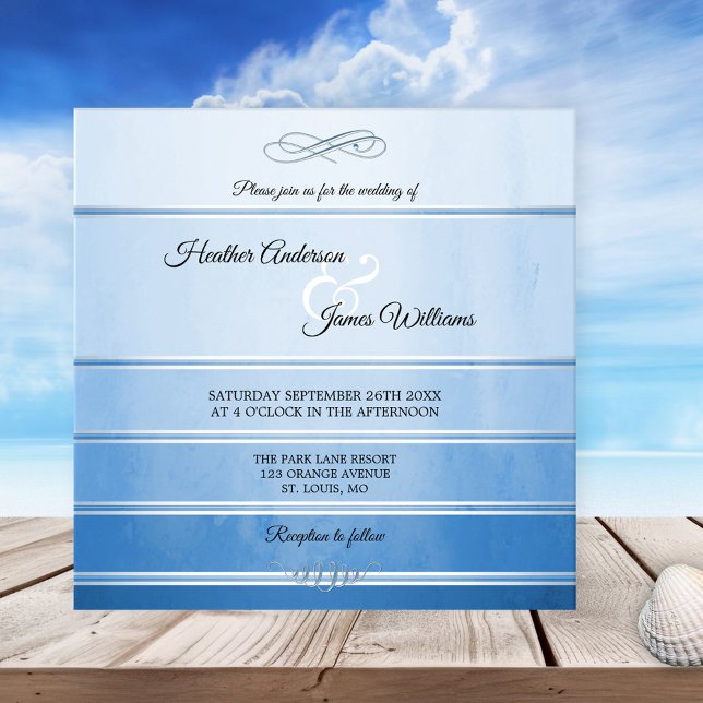 Convite Convocação para Casamento de Tons sur Ton Ton Azul (Chic wedding invitation featuring a striped design with watercolor effects in tone on tone blue)