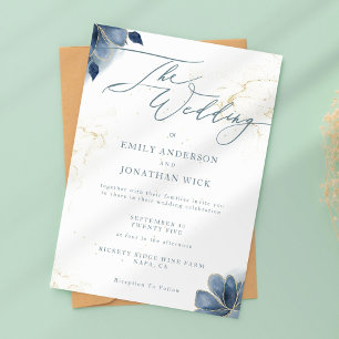 Convite Convocação para Casamento Dourado Floral Dusty Blu