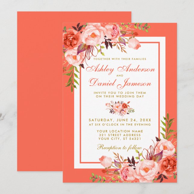 Convite Convocação para Casamento Floral de Coral Moderno (Frente/Verso)