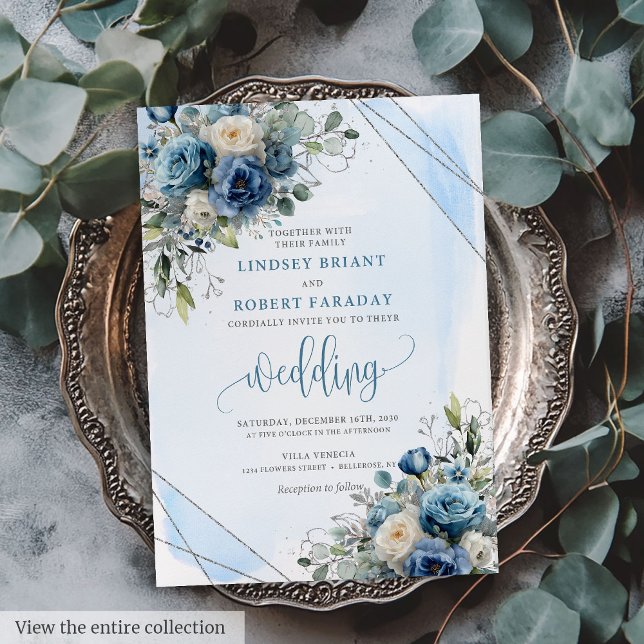 Convite Convocação para Casamento Floral Rustic Dusty Blue (Rustic Dusty Blue Silver Floral Wedding Invitation)