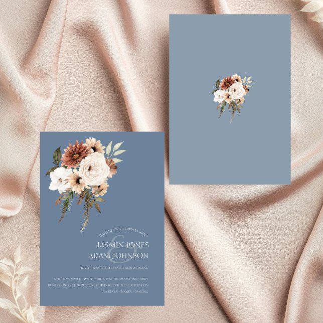 Convite Convocação para Casamento Floral Rustic Dusty Blue (Elegant Dusty Blue Peach Floral Wedding Invitation)