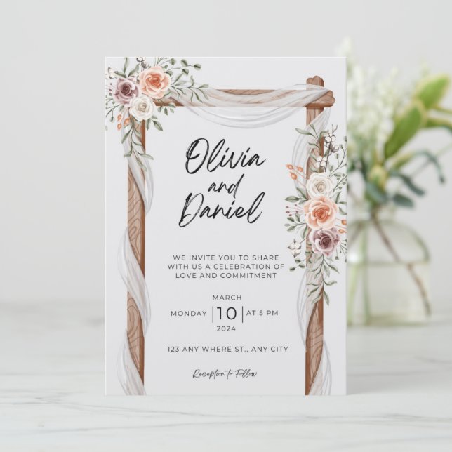 Convite Convocação para Casamento Floral Rustic Neutral Bo (Em pé/Frente)