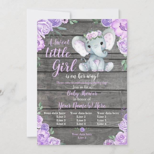 Convite Convocação para Elefante, Rústica Floral, Roxo (Frente)