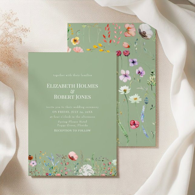 Convite Convocação Verde para Casamento de Selvagem Selvag (Elegant Wildflower Sage Green Wedding Invitation on a silk tablecloth with botanicals)