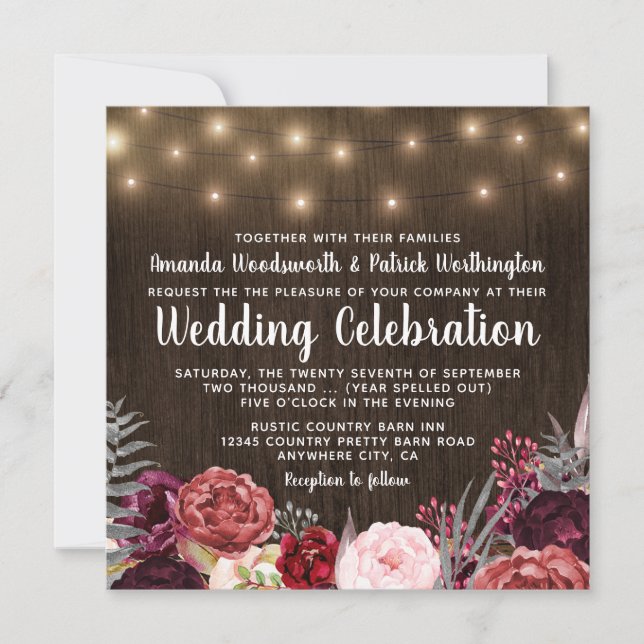 Convite Convocações para Casamento de Peônias de Marsala R (Frente)