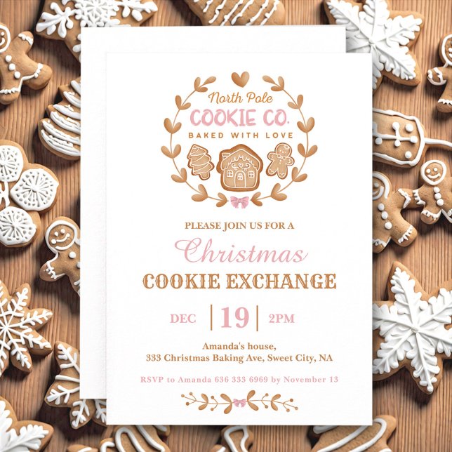 Convite Cookie de Natal - Pão cor-de-rosa (Christmas Cookie Exchange Gingerbread Pink Simple Invitation)