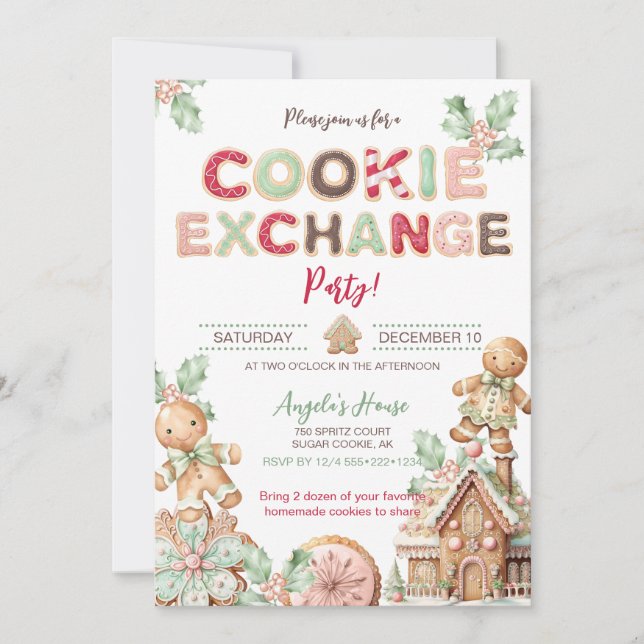 Convite Cookie Exchange Cookies Pão de Natal (Frente)
