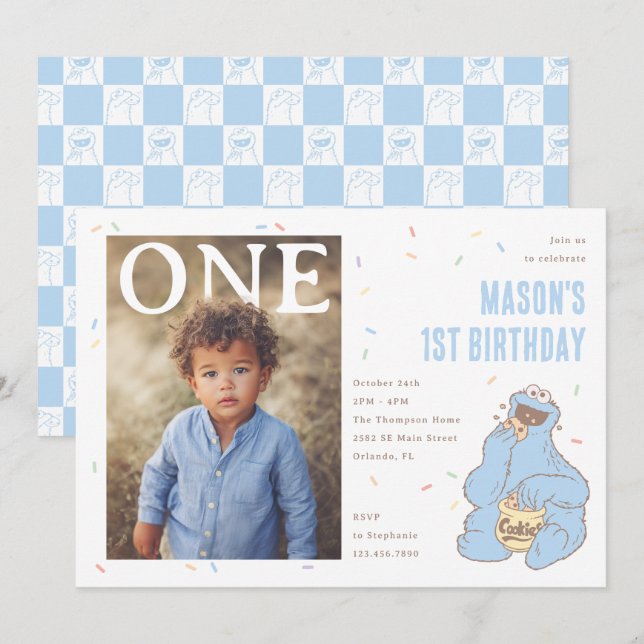 Convite Cookie Monster Blue Confetti First Birthday (Frente/Verso)
