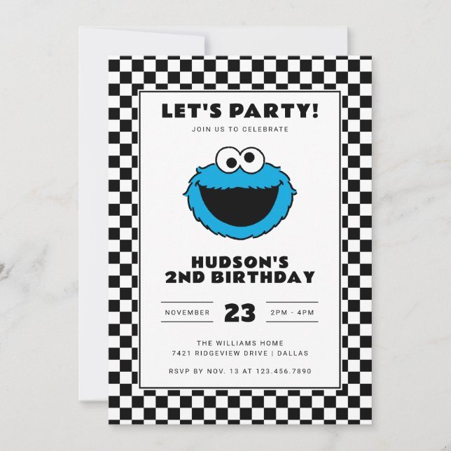 Convite Cookie Monster Checkerboard Birthday (Frente)