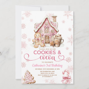 Convite Cookies & Cocoa Aniversário Flocos de Neve Rosa Fe