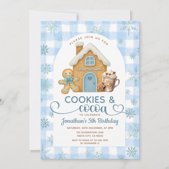 Convite Cookies & Cocoa Birthday Blue Snowflakes Gingham (Frente)