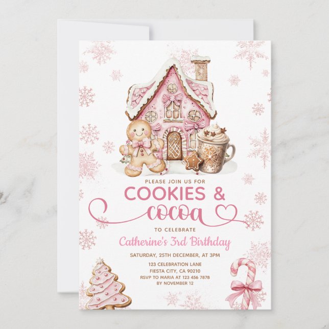Convite Cookies & Cocoa Birthday Pink Snowflakes Holiday (Frente)