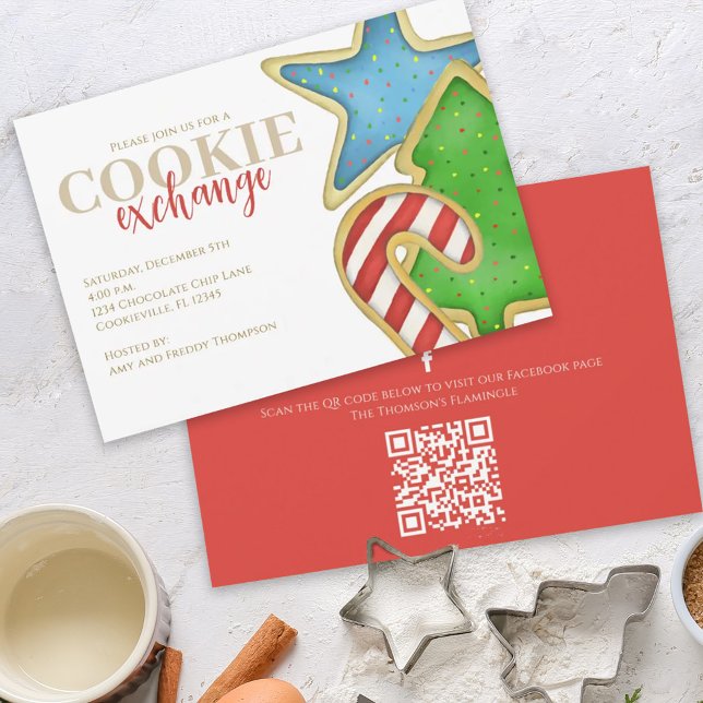 Convite Cookies de Natal Diversão Whimsical Código QR Face (Christmas whimsical colorful cookie cutout invitation with QR code for social media sharing. )