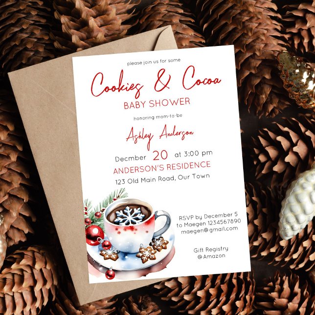 Convite Cookies e chá de fraldas de Natal de inverno de ca (Cookies and cocoa Christmas baby shower tea party editable template invitation digital download)