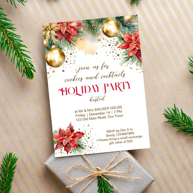 Convite Cookies e cocktails janto de Natal (Cookies and cocktails Christmas holiday party editable template invitation digital download gold red)