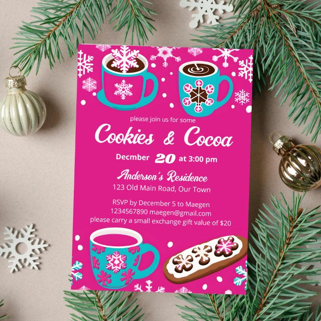 Convite Cookies e modelo de grão de cacau (Cookies and cocoa groovy retro template invitation instant download pink and teal colors cups )