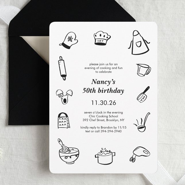 Convite Cooking Birthday Party Hand Drawn Chef Minimalist  (Criador carregado)