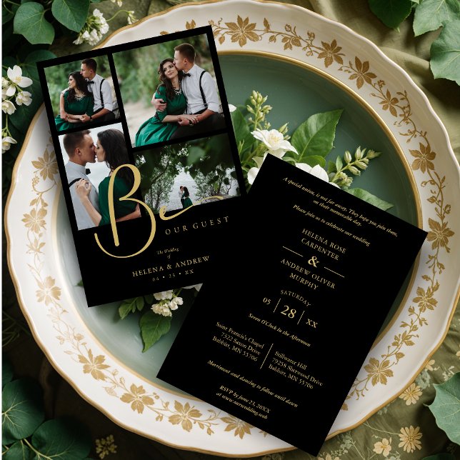 Convite Cool Black Trendy 4 Multi Photos Collage Wedding (Cool Black Trendy 4 Multi Photos Collage Wedding Invitation Card with Envelope.)