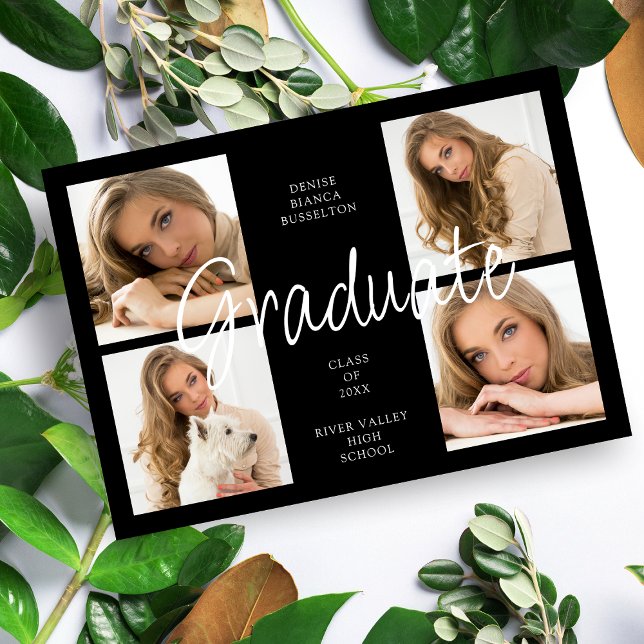 Convite Cool Black Trendy Collage Graduate 4 Multi Photos (Criador carregado)