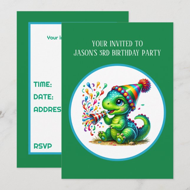 Convite Cool boys dinosaur party add text  (Frente/Verso)