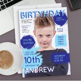 Convite Cool Fun Blue Magazine Cover Boys Birthday Photo 