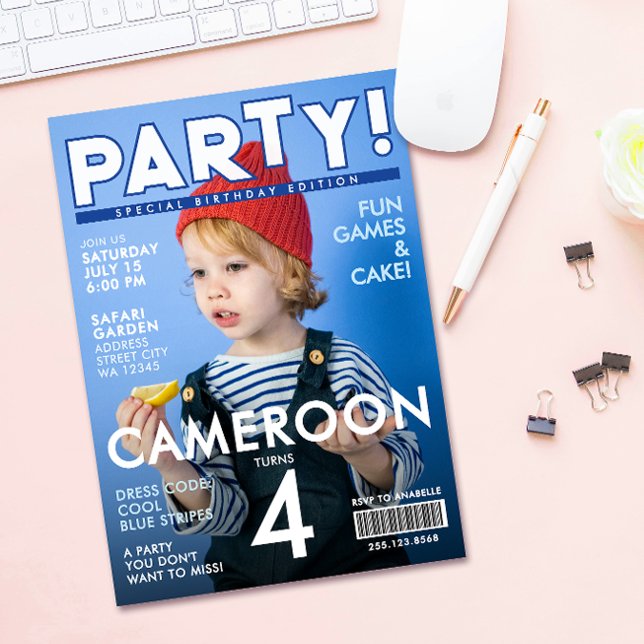 Convite Cool Fun Blue Special Magazine Cover Kids Birthday (Criador carregado)