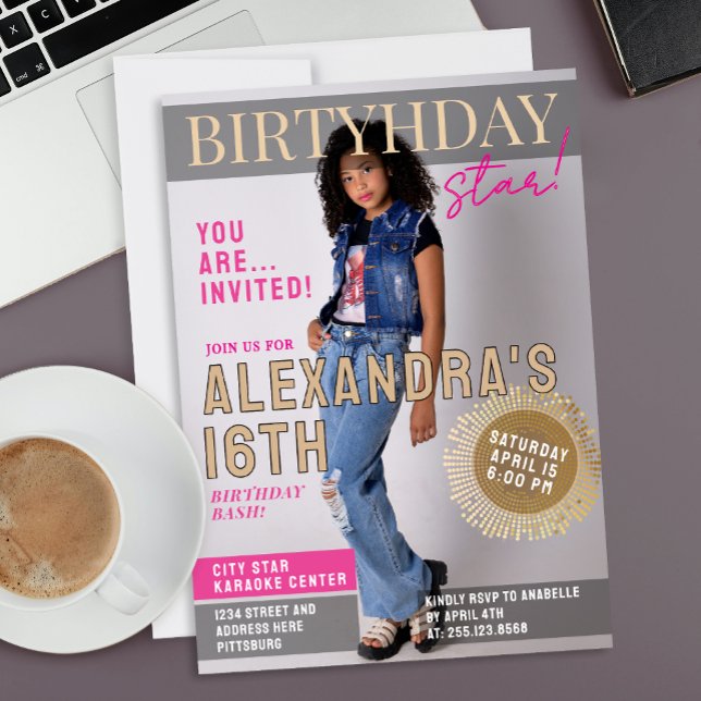 Convite Cool Glam 16th Birthday Magazine Cover News Photo (Criador carregado)