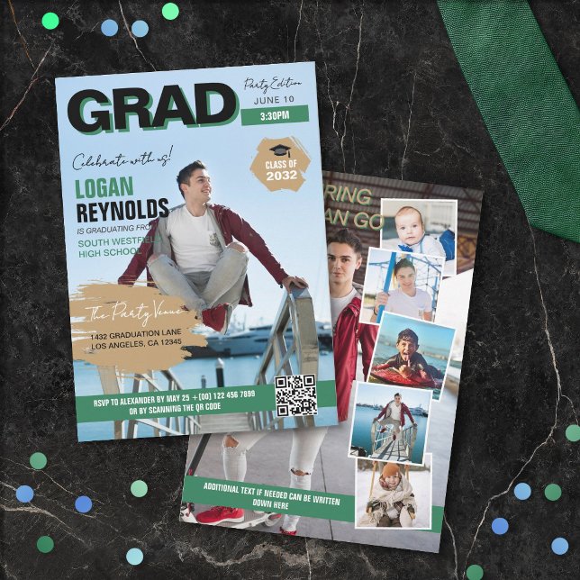 Convite Cool Green Black Photos Magazine Cover Graduation (Criador carregado)