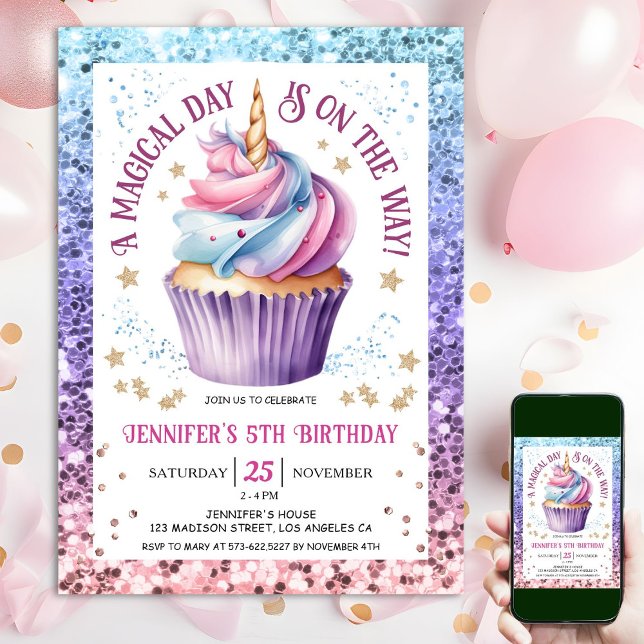 Convite Copo de Bolo de Unicórnio Brilho Arco-Íris | 5º An (#UnicornBirthdayInvitation #UnicornBirthdayInvitationTemplate #UnicornBirthdayInvitationEditable )