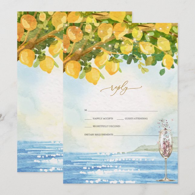 Convite Copo de Champanhe Oceano Limões Casamento RSVP   (Frente/Verso)