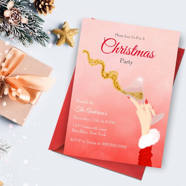Convite Copo de Martini Derramando Brilho de Natal Festa (This exciting glittering Christmas invitation will sure catch your guest attention! )